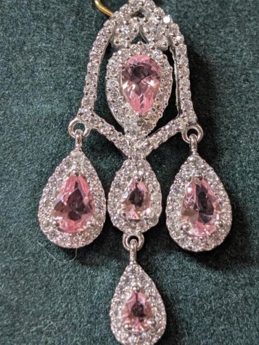 .925 Sterling Silver Tear Drop Pear Pink Cubic Zirconia Dangle Pendant Chain